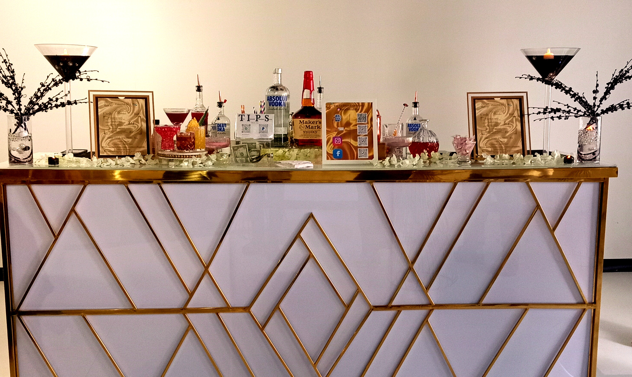 Gold and white portable bar centered at networking event in Harrisburg, PA