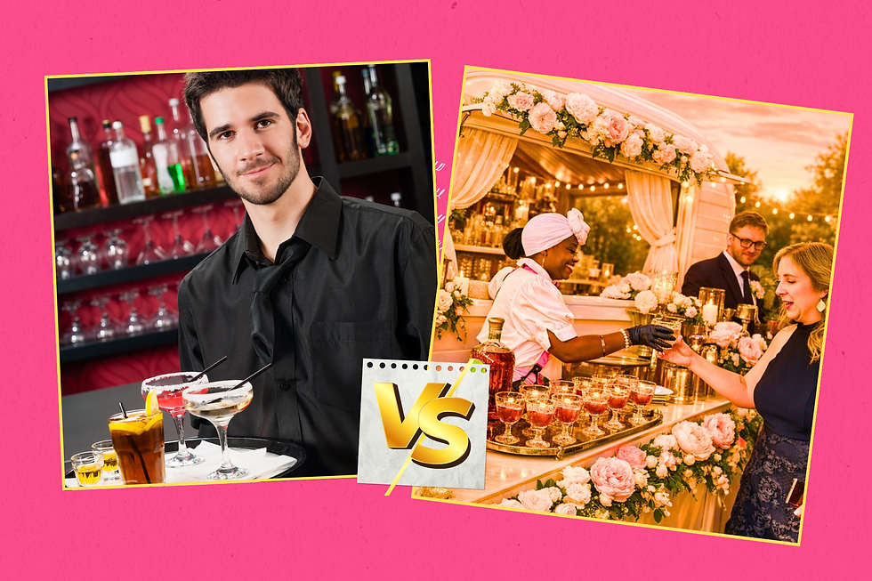 Comparison of a traditional bartending service vs Royal Blush Bar's luxury mobile bar experience at private events.