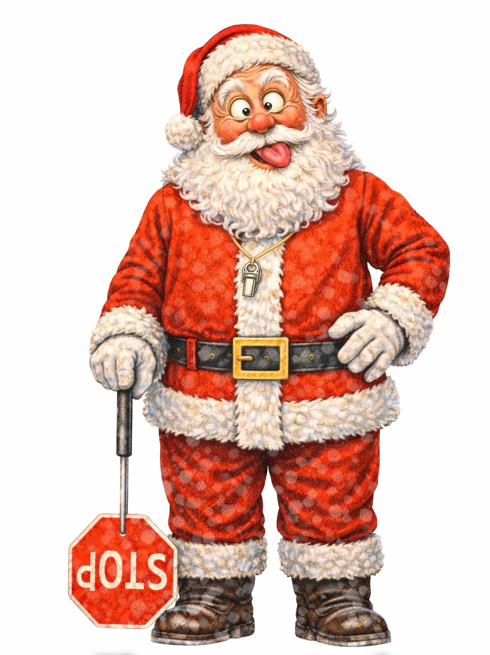 Cross-Eyed Santa standing with his stop sign