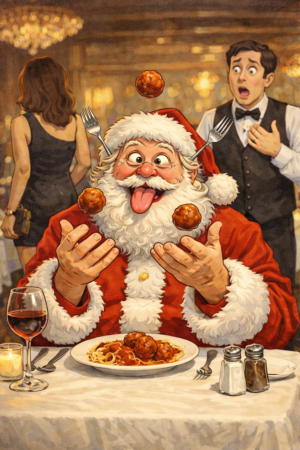 Cross-Eyed Santa on a date that has went wrong. He has forks sticking out from behind his ears and is juggling meatballs. The waiter looks on in shock as his date walks away.
