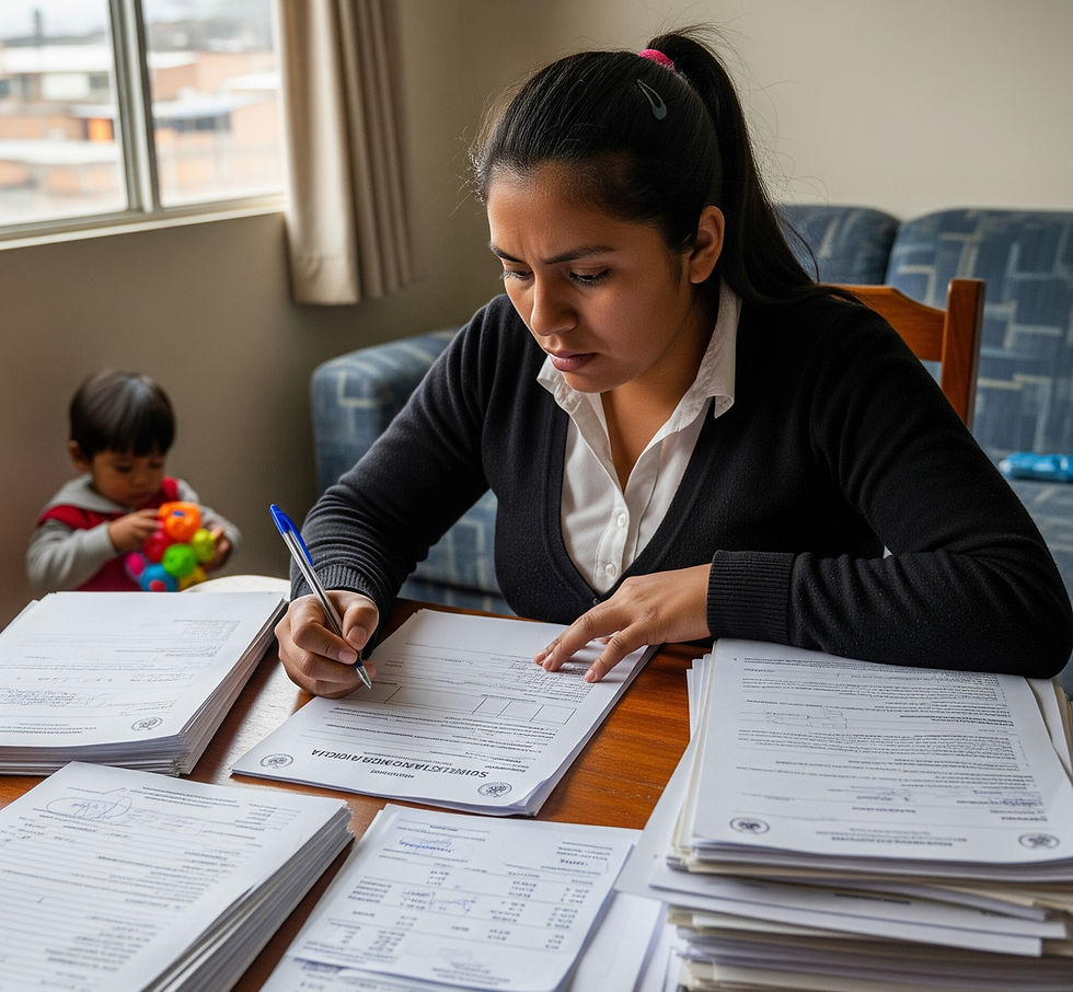 Madre revisando documentos para solicitar pensión alimenticia en Ecuador con apoyo legal de Júristam.