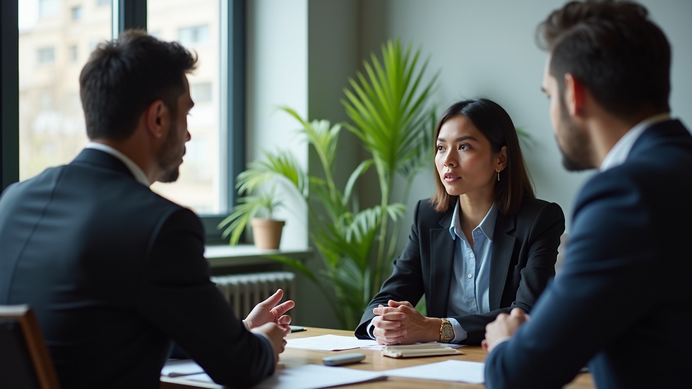 Eye-level view of a bilingual mediator facilitating a discussion between two parties