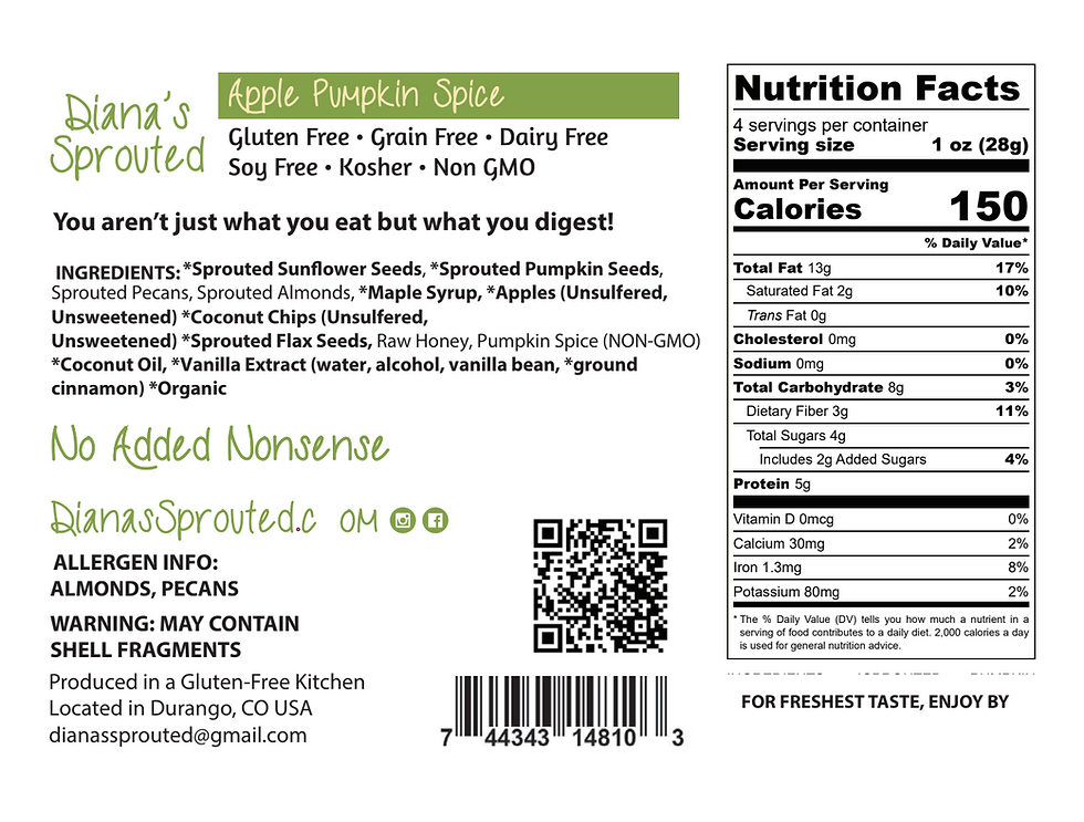 Thumbnail: Nutrition label for Diana's Sprouted Granola with ingredients for Apple Pumpkin Spice