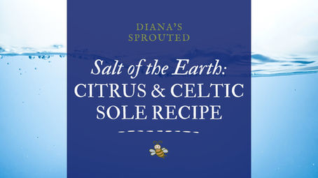 diana's sprouted salt of the earth: citrus & celtic sole recipe on blue box layed over a picture of water
