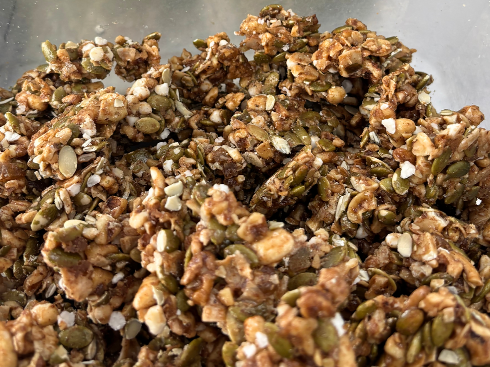 Thumbnail: close-up of ginger snap clusters with lots of texture from sprouted nuts and seeds