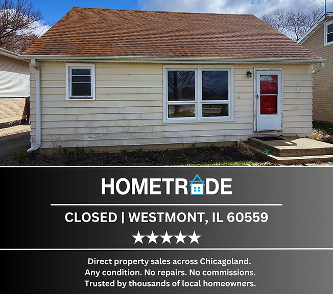 Exterior view of a recently purchased single-family home in Westmont, Illinois acquired by HomeTrade. Former rental property sold off-market by the owner in as-is condition requiring repairs and updates.