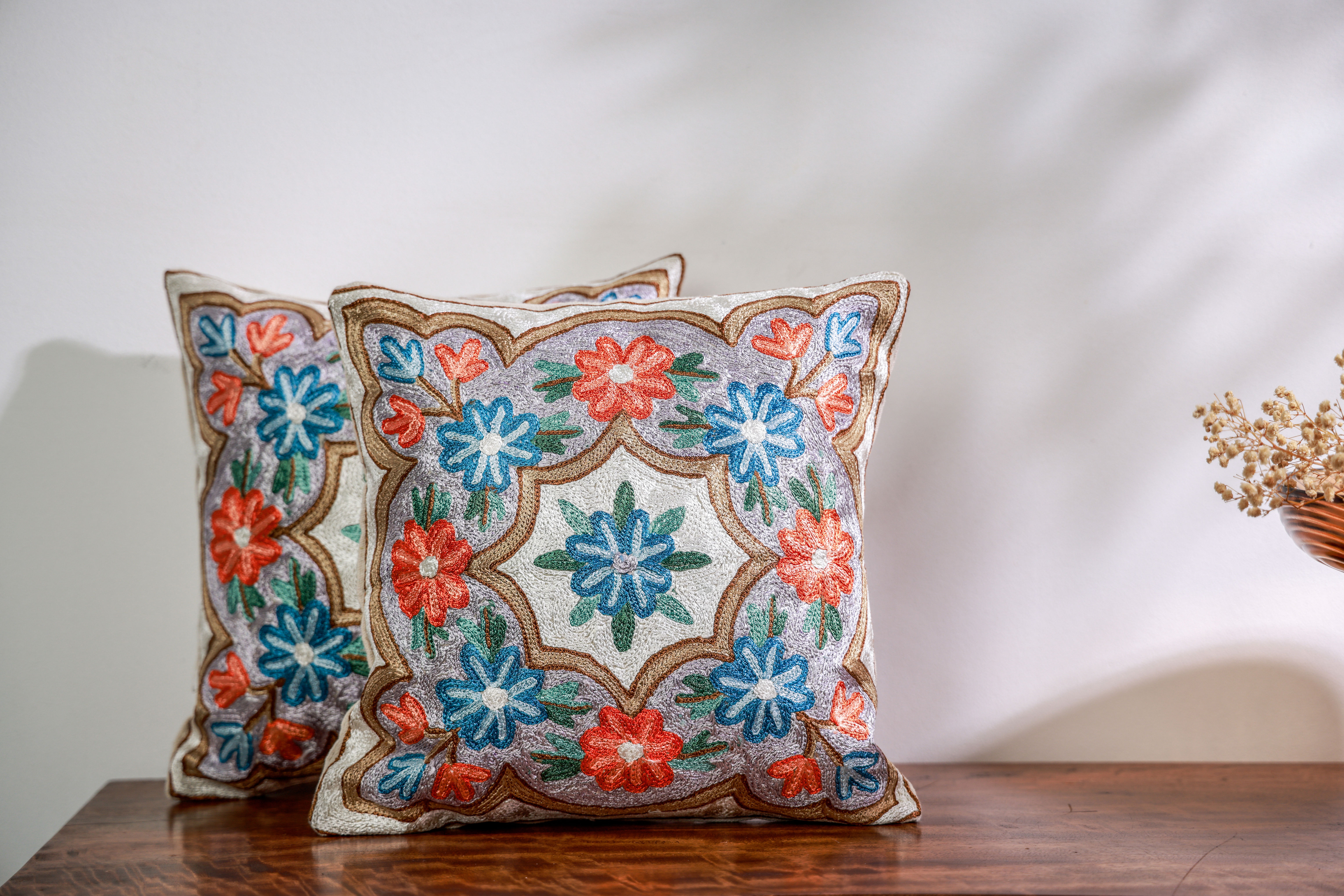 Kashmir Cushion Cover White, Orange & Blue Floral