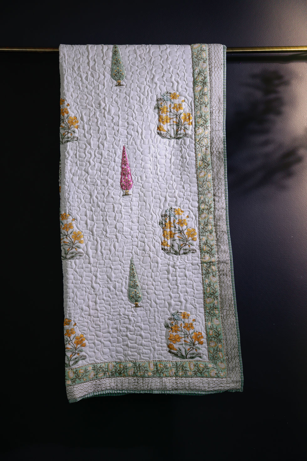 Thumbnail: Block Printed Quilt White with Green and Yellow Flowers