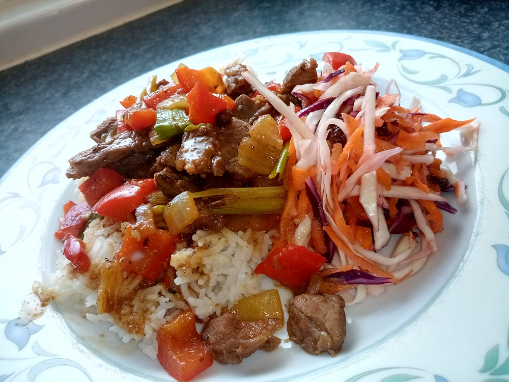 Pepper Steak with Rice and Homemade Coslaw