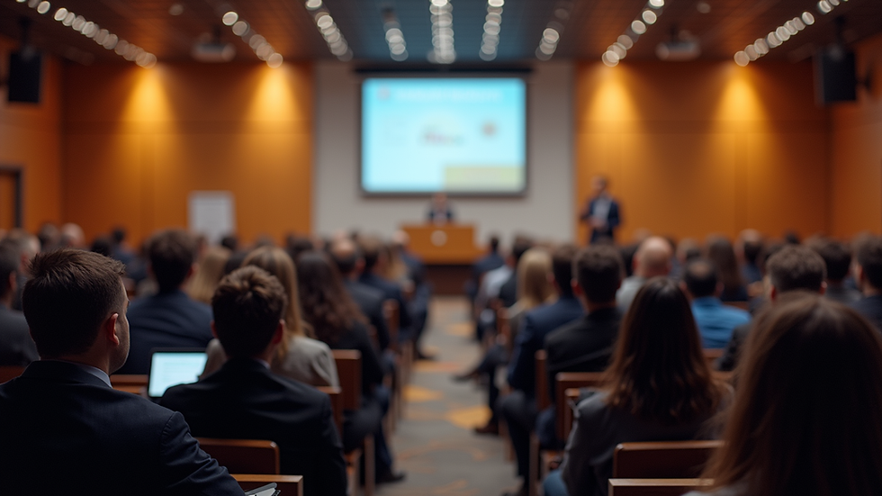 Wide angle view of a conference hall filled with attendees