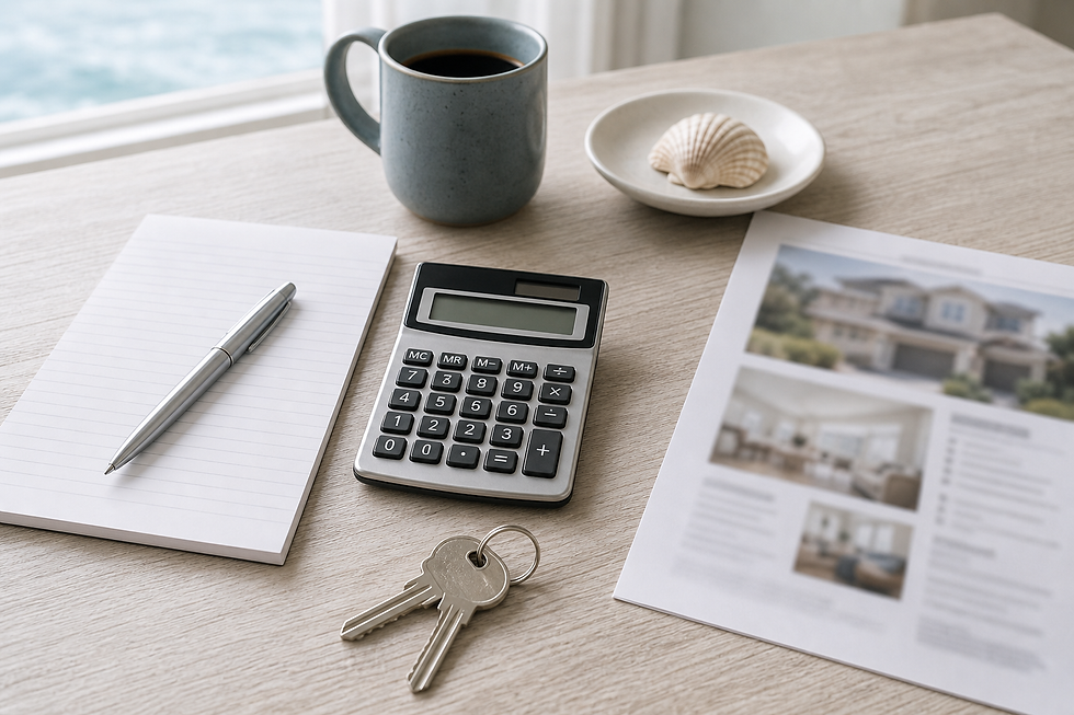 Real estate listing sheet, a calculator, house keys, and a notepad on a clean wooden table, symbolizing the detailed financial planning required for a Grand Strand second home.
