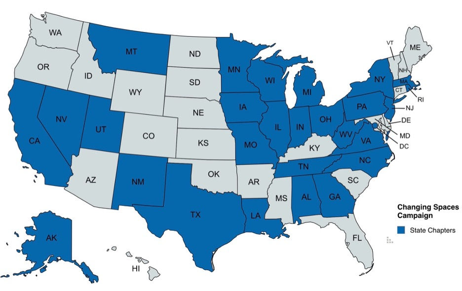 Map of the USA showing which states have formed a Changing Spaces Chapter.