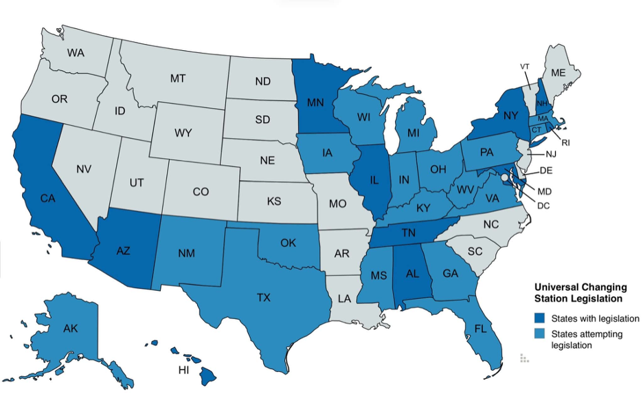 Map of the USA showing which states have passed legislation requiring adult changing stations to be installed.