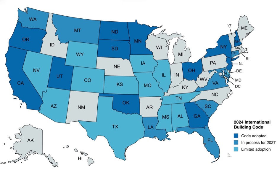 Map of the USA showing which states have adopted building code requiring adult changing stations.