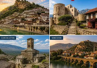 Beautiful landscape collage of historic Albanian cities: Berat, Kruje, Gjirokaster, and Shkoder