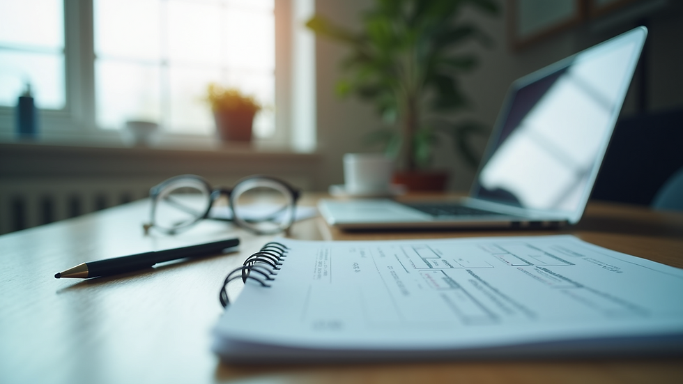 Close-up view of a psychiatrist’s desk with medical notes and a laptop