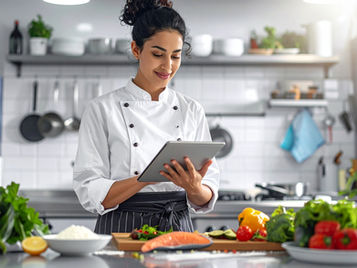 Chef cuisinier dans un restaurant français moderne analysant les coûts des matières premières sur une tablette numérique, illustrant la gestion des prix, la maîtrise des marges et l’adaptation des restaurateurs face à l’inflation.