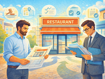Illustration d’une devanture de restaurant en cours de validation auprès du service urbanisme, montrant les règles d’installation d’enseigne commerciale, déclaration préalable de travaux et conformité au PLU et RLP pour un établissement de restauration.