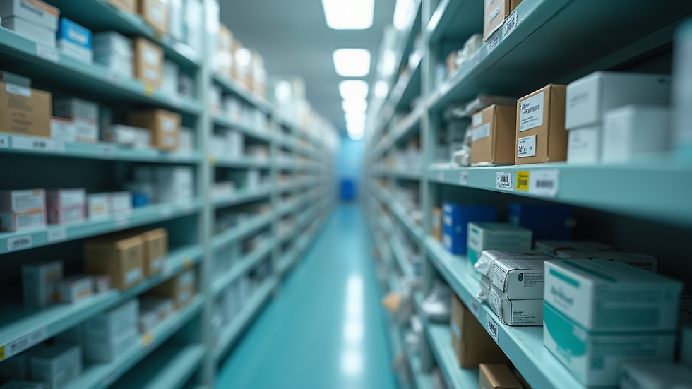 Eye-level view of a neatly organized medical supply cabinet with various boxes and equipment