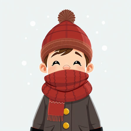 Eye-level view of a child bundled in warm clothes holding an inhaler outdoors in winter