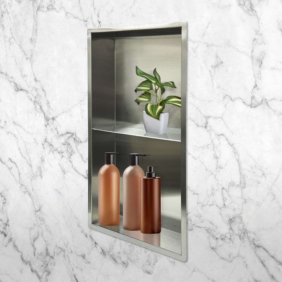 13X25 recessed shower niche with central shelf - brushed stainless finish with bottles installed on marble wall