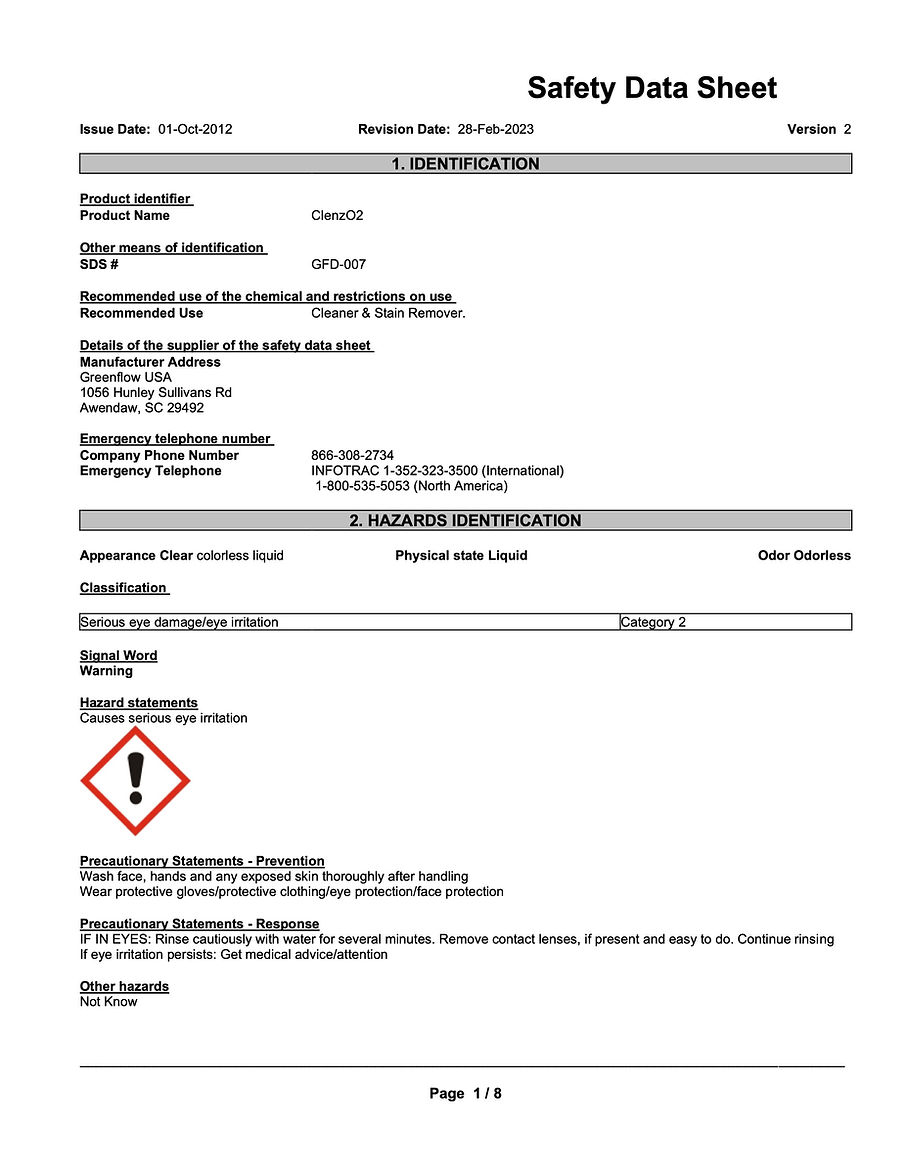 Safety Data Sheet | Clenz O2 Clean