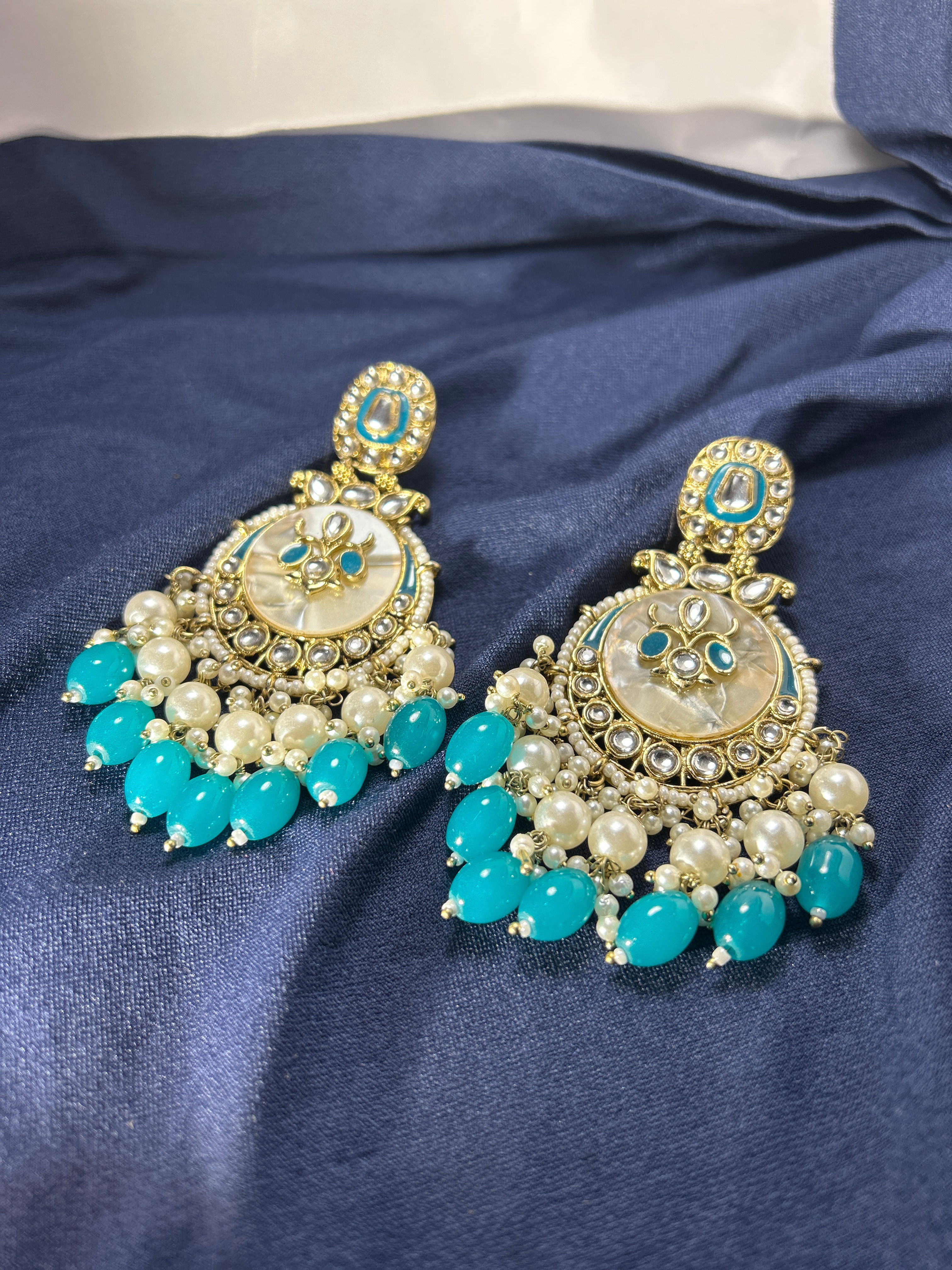 Royal Kundan Pearl Drop Earrings in Sky Blue