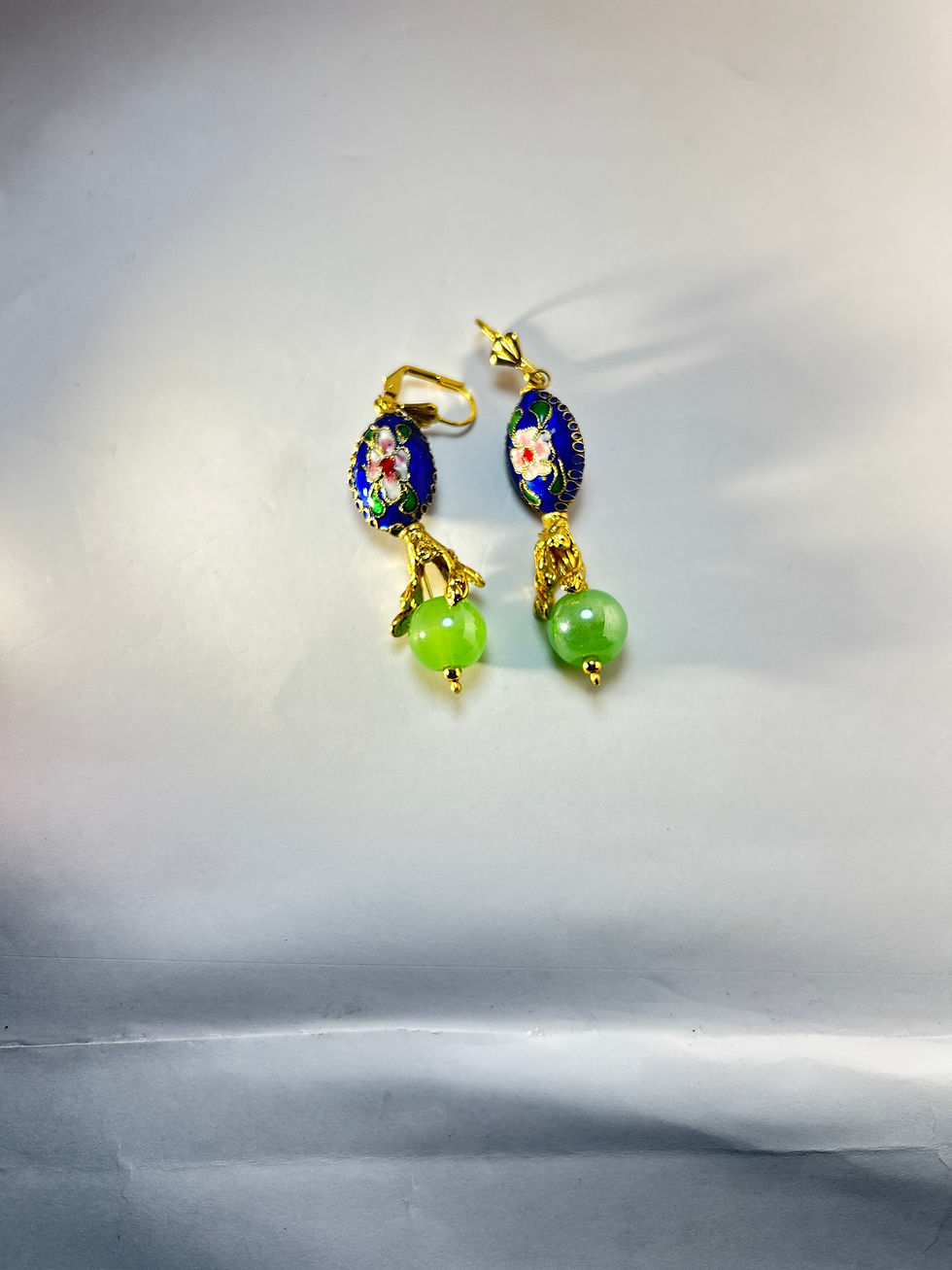 Thumbnail: Royal Blue Floral Enamel Earrings with Neon Green Beads