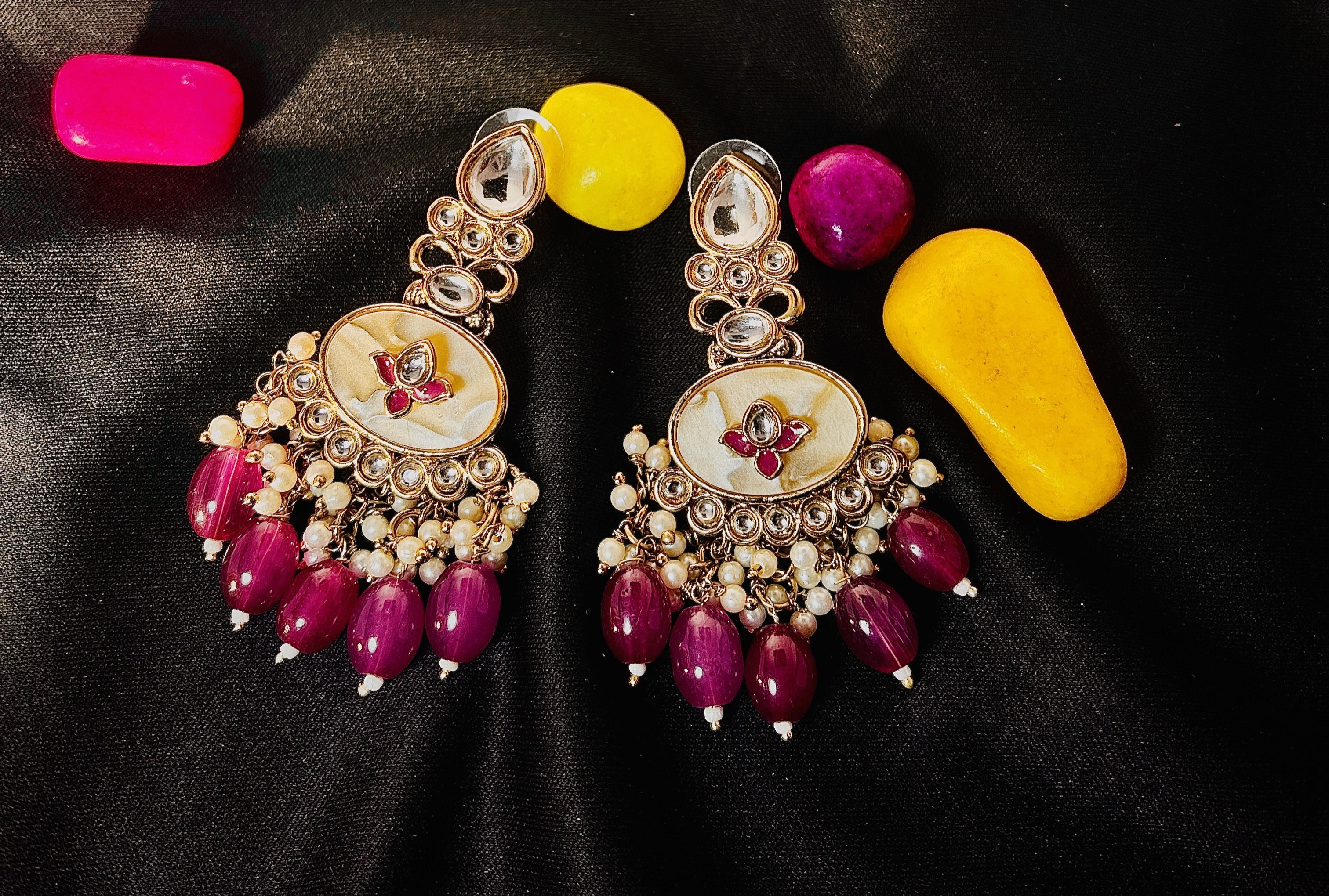 Elegant Pink Kundan Chandbali Earrings with Pearl Drops