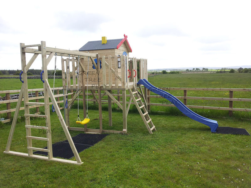 playhouse with 2 swings, fireman's pole, long slide, ladder, monkey bars 210