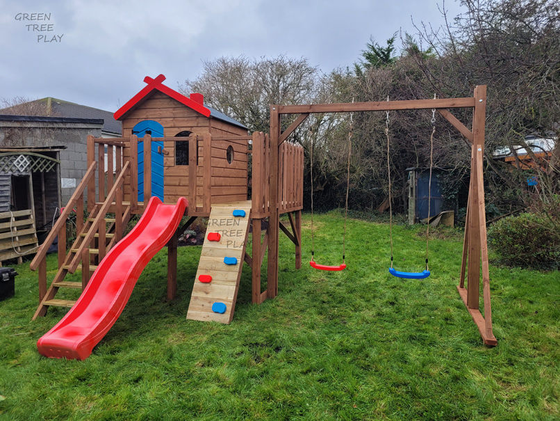 elevated playhouse with safety stairs, slide, climbing board, 2 swings 212