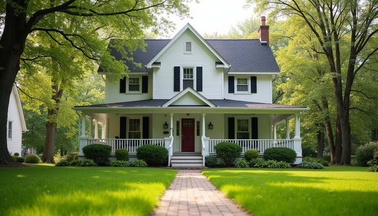 Eye-level view of a charming suburban house with a well-maintained front yard in Michigan