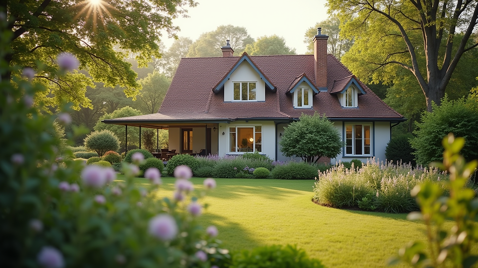 Eye-level view of a cozy, well-maintained home surrounded by a lush garden