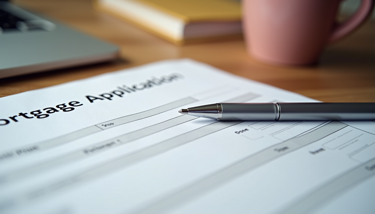 Close-up view of a mortgage application form with a pen on a wooden table