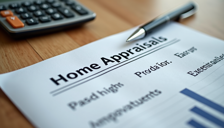 High angle view of a home appraisal report and calculator on a table
