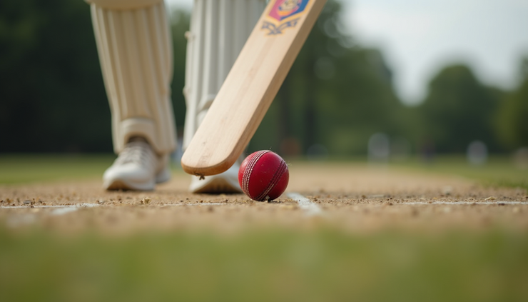 Close-up view of cricket bat hitting a ball straight down the pitch