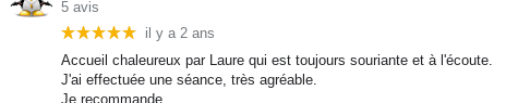 accueil chaleureux, laure est souriante et à l'écoute, avis google de clarisse soin énergé