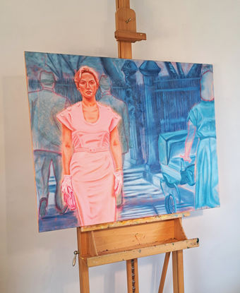 Contemporary figurative oil painting of a woman walking alone in a park, in hot pink and blue tones.