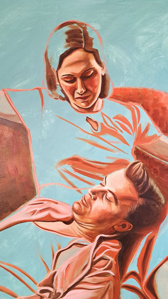 Contemporary figurative oil painting of a man resting in his wife’s lap, holding a glass of bourbon, in orange and sage green tones.