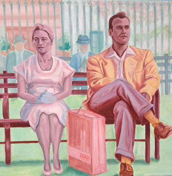 A man and woman sit side by side on a bench in a park, looking in opposite directions with a large pink bag placed between them. Other figures appear in the background, while soft shades of pink, green, yellow and blue create a nostalgic atmosphere. Oil on canvas, 80 × 60 cm.