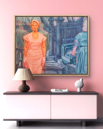 Contemporary figurative oil painting of a woman walking alone in a park, in hot pink and blue tones.