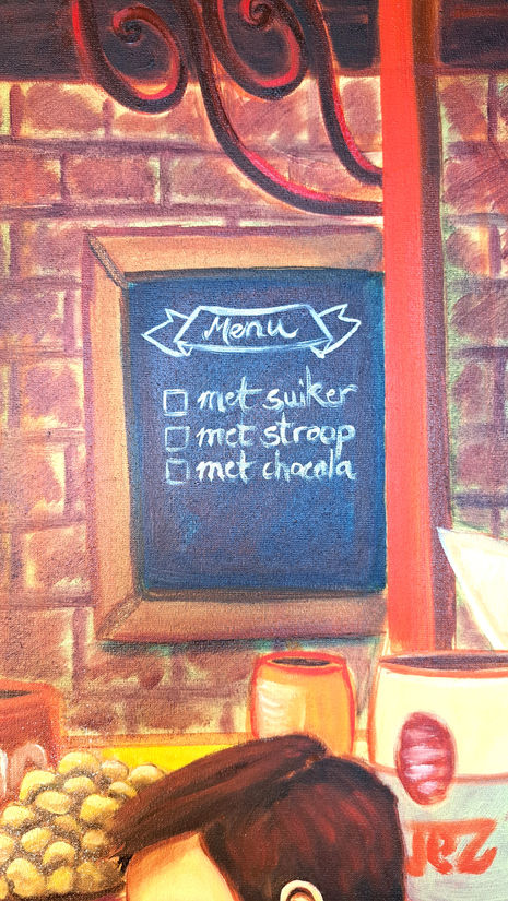 Large contemporary figurative oil painting of a mother and children at an oliebollen stall in Bruges.