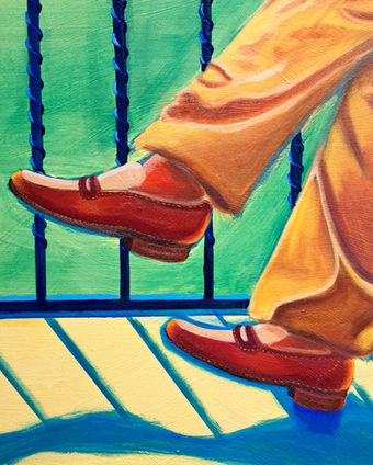 Large contemporary figurative oil painting of an older man enjoying the sun on a balcony and looking to boats passing by, in hot pink, green, and bright yellow tones.