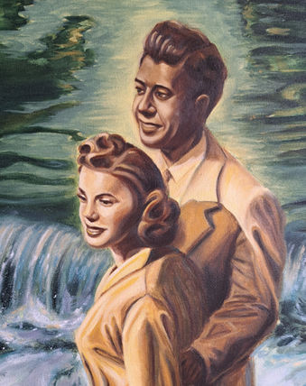 The Honeymoon depicts a young couple standing closely together on a rocky ledge beside a powerful waterfall. Dressed in elegant mid-century clothing, they look out over the rushing water, surrounded by deep greens, foaming whites and warm ochre tones.