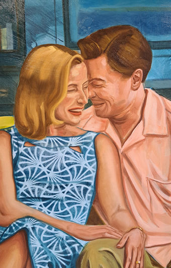 Colorful contemporary figurative oil painting of a couple embracing on a sofa, in blue, yellow, and pink tones.