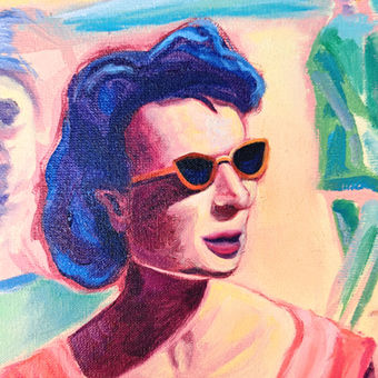 Contemporary figurative oil painting of a glamorous couple arriving from an airplane, in pink, green, and purple tones.