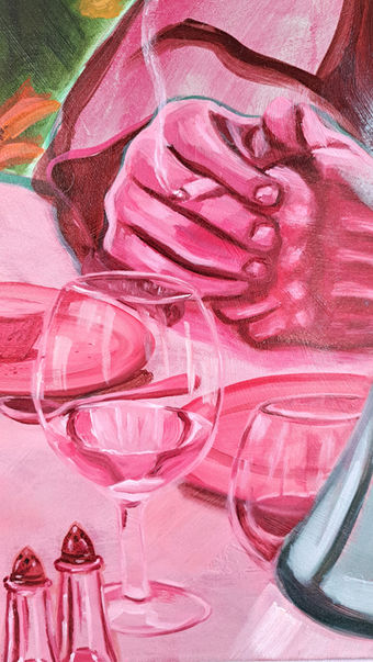 A man and a woman sit at a small table in a 1960s restaurant, both smoking and staring intently at unseen companions. The scene is viewed from a perspective that makes the viewer feel as though they are seated at the table, with wine and water glasses, a bottle of red wine, and bread with butter in front of them. The colors are dominated by fuchsia pink and blue-green hues, creating a moody and intimate atmosphere.