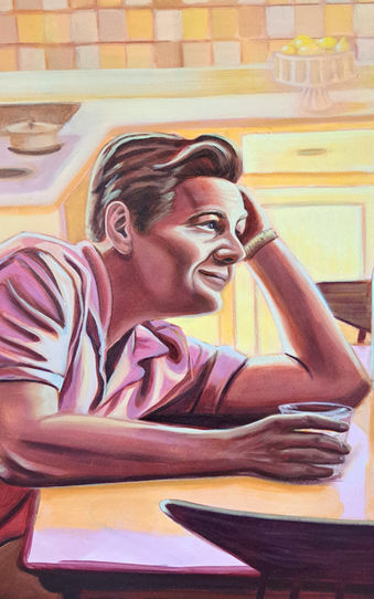 Contemporary figurative oil painting of a man and woman sitting across a kitchen table during cocktail hour, in yellow, pink, mauve, and brown tones.