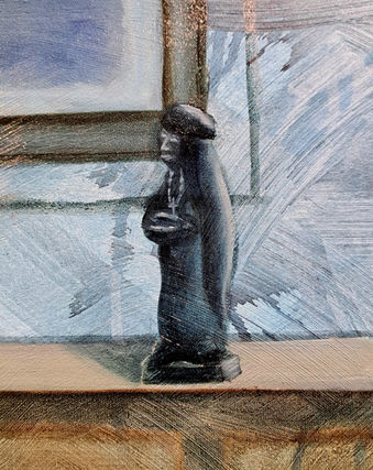 Colorful contemporary figurative oil painting of a couple embracing on a sofa, in blue, yellow, and pink tones.