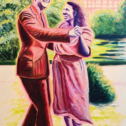 Contemporary figurative oil painting of an elegantly dressed couple dancing at a garden party, in purple, pink, and green tones.